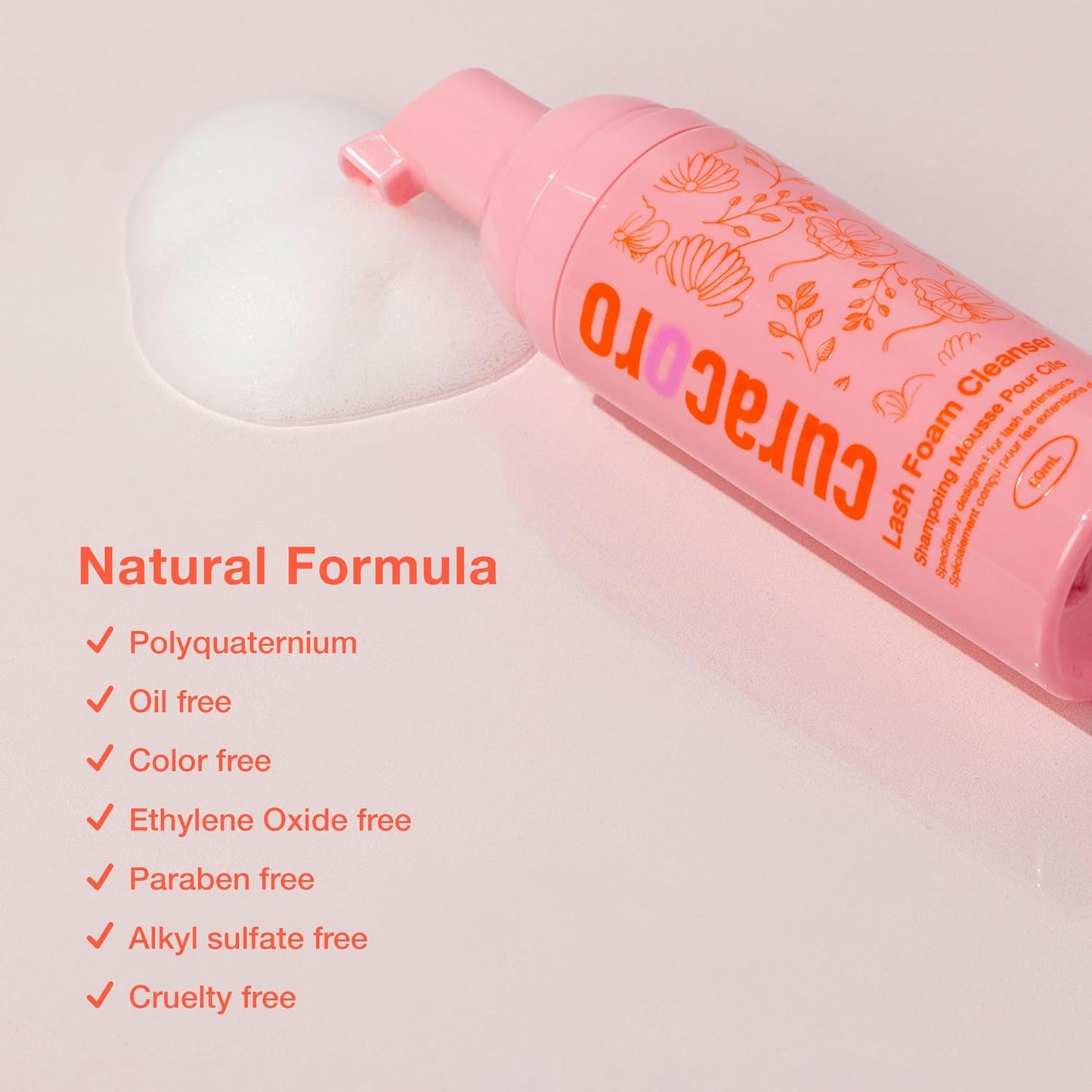 Curacoro 60ML Eyelash Extension Cleanser - Lash Shampoo for Lash Extensions, Eyelash Extension Foam Cleanser for Dry & Sensitive Skin, Gently Removes Waterproof Makeup for Professional & Home Use-Velvo Beauty