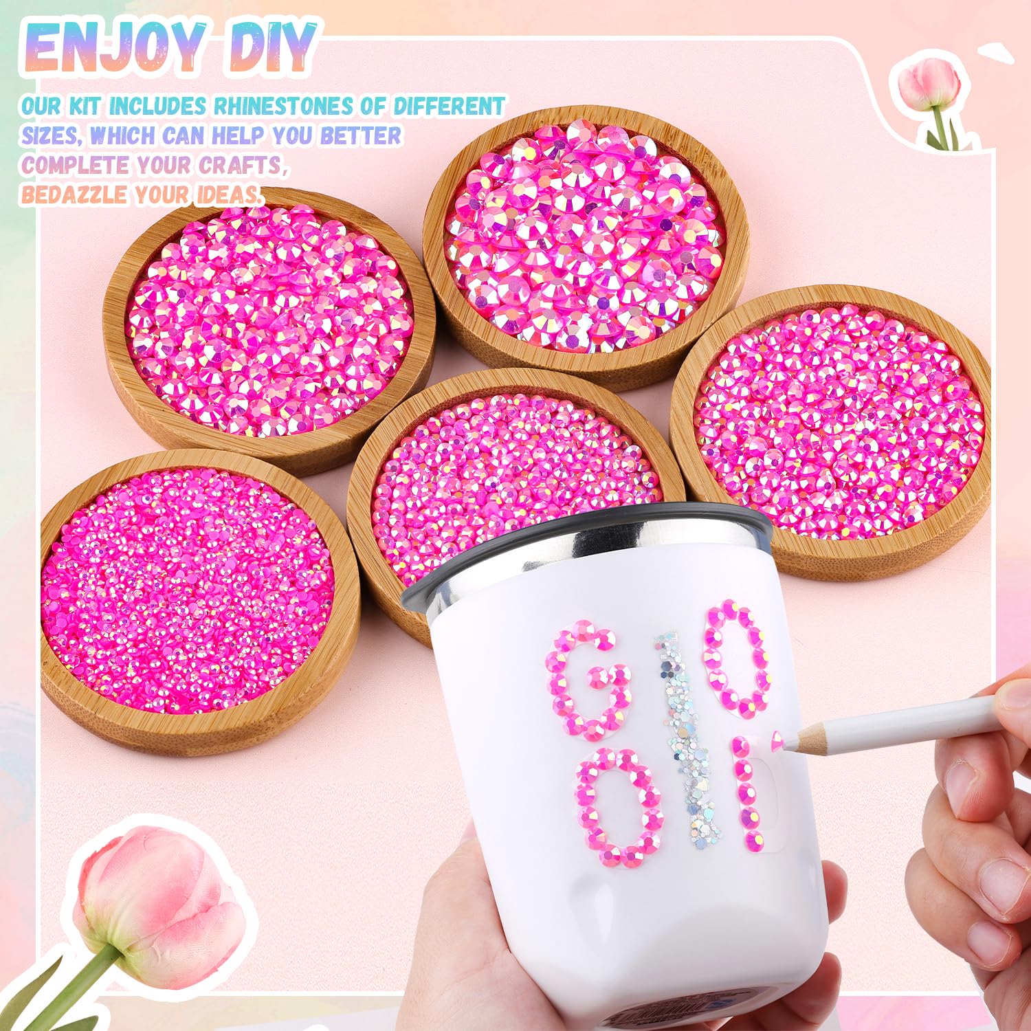 25000Pcs Resin Rhinestones with B7000 Jewelry Glue for Crafting, Hot Pink AB 2-6mm Non Hotfix Flatback Gems, Bedazzling Crystal for DIY Crafts Clothing Tumblers Mugs Shoes Fabric Decor Nail Art-Velvo Beauty