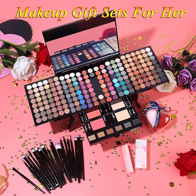 Makeup Gift Sets For Women - 190 Colors Makeup Palette Include Eyeshadow, Blushes, Eyebrow Powder,Eye Pencil,Mirror+20Pcs Makeup Brushes+Eyeshadow Primer+2Pcs Sponge Puff Make Up Set (Makeup Set A)-Velvo Beauty