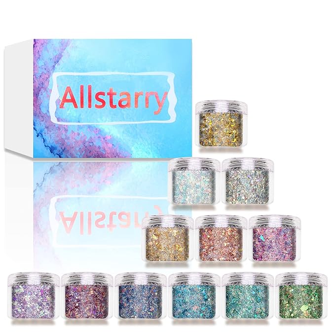 Allstarry 12 Colors Chunky Glitter Holographic Craft Glitter Cosmetic Nail Art Sequins Mixed Fine Glitter Flakes for Nails Art Decoration Hair Eyes Face Body, Resin Tumblers, Epoxy, Slime-Velvo Beauty