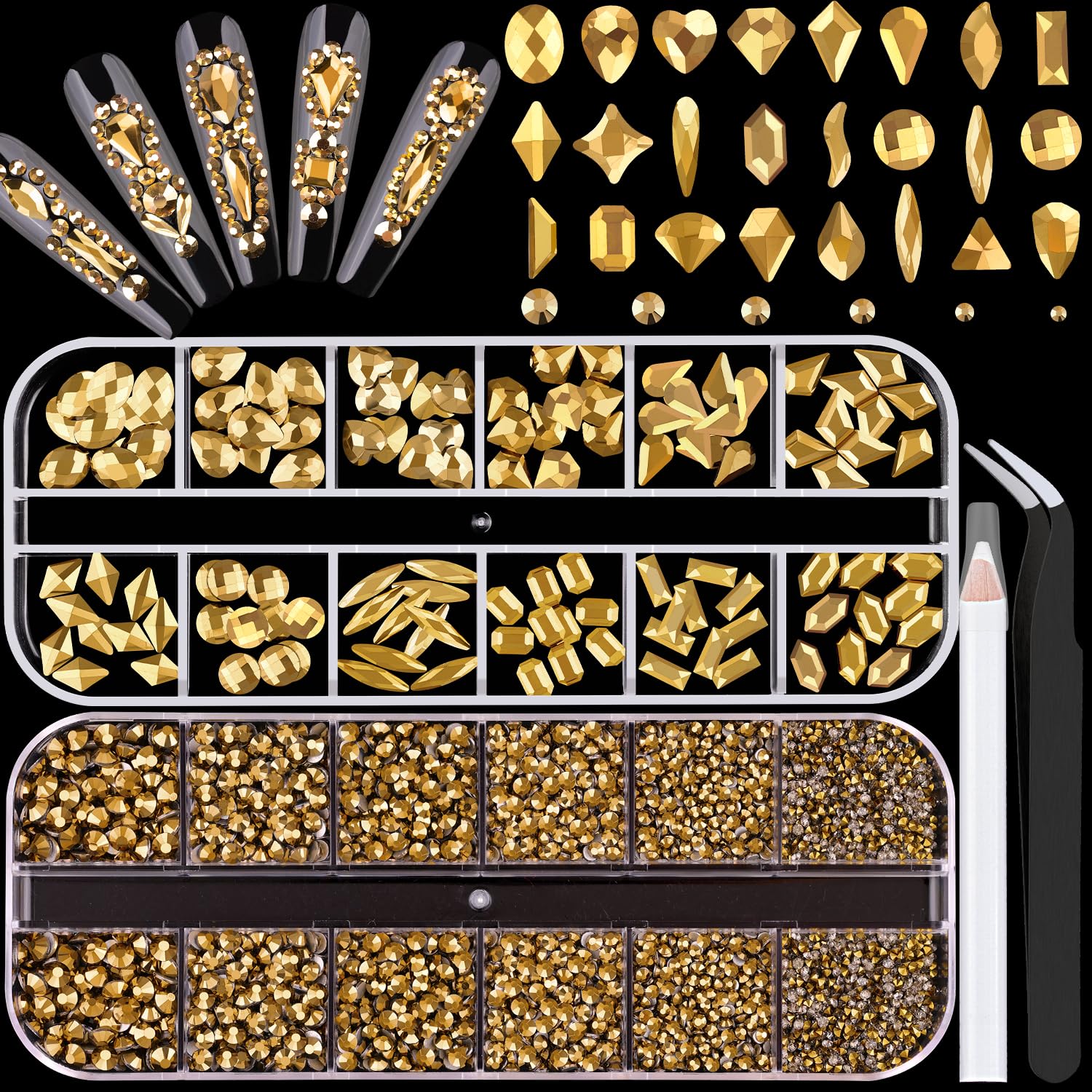 1680Pcs Mineral Gold Glass Nail Rhinestones 180Pcs Multi Shapes Flatback Nail Gems + 1500Pcs 1.5-4mm Round Crystal, Manicure Nail Charms Diamond Gemstones for Acrylic Nails Decoration-Velvo Beauty