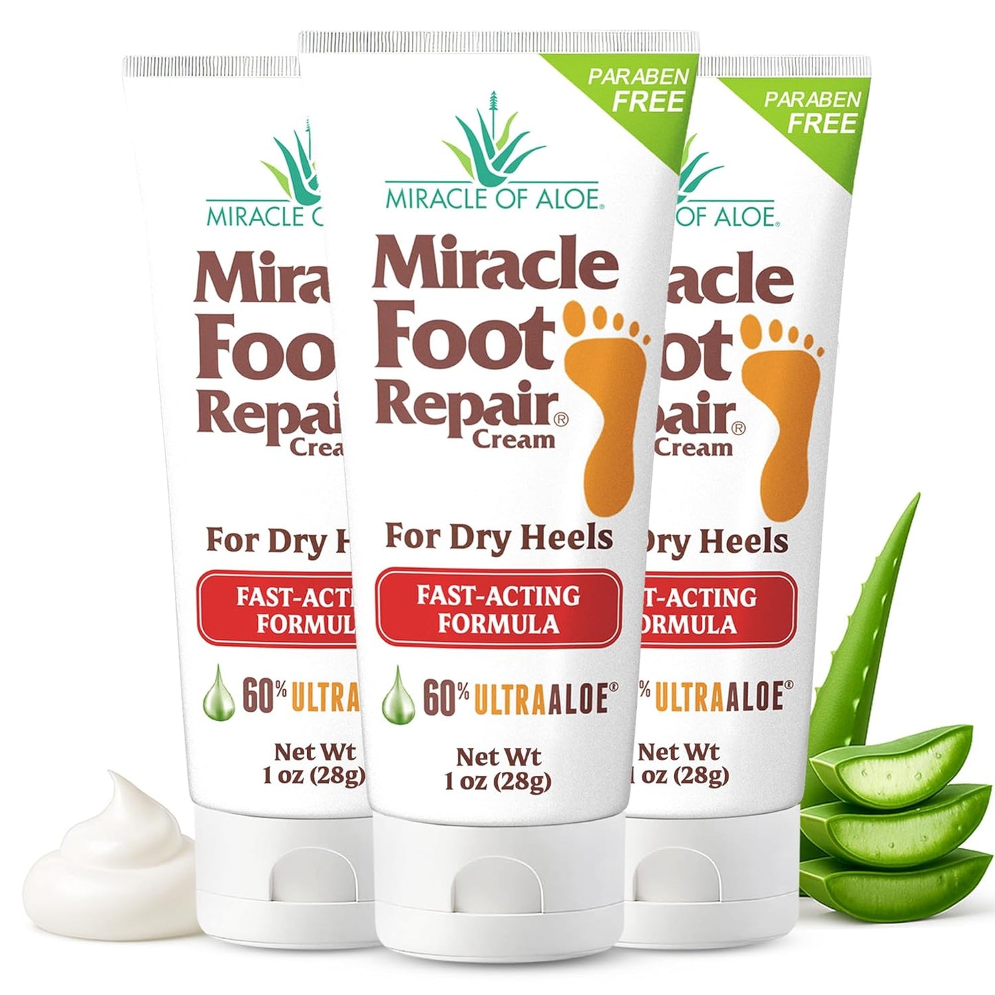 Miracle Foot Repair Cream, (1 oz / 3 Pack) Repairs Dry Cracked Heels and Feet, 60% Pure UltraAloe Moisturizes, Softens, and Repairs-Velvo Beauty