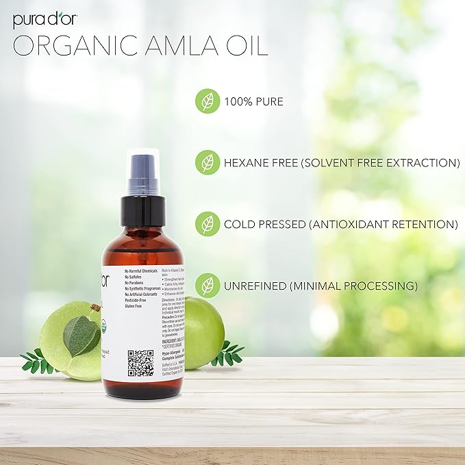 PURA D'OR Organic Amla Oil (4oz / 118mL) 100% Pure USDA Certified Premium Grade Natural Moisturizer, Cold Pressed, Hexane-Free Base Carrier for DIY Skin Care Men & Women, Pack of 1, 0.5 pounds-Velvo Beauty