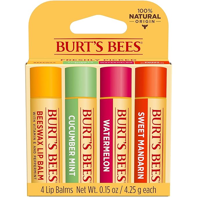 Burt's Bees Lip Balm - Original Beeswax, Cucumber Mint, Watermelon & Sweet Mandarin, With Responsibly Sourced Beeswax, Tint-Free, Natural Origin Treatment, 4 Tubes, 0.15 oz.-Velvo Beauty