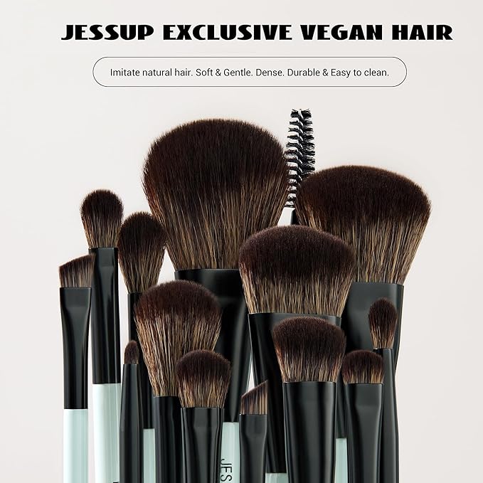 Jessup Makeup Brushes Set 10pcs, Double Sided Foundation Contour Blush Highlight Blending Eyebrow Brush Eyeshadow Eyeliner Concealer Brush, Bright Cyan Cruelty Free Cosmetic Tools T500-Velvo Beauty