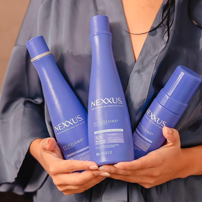 Nexxus HY-VOLUME Weightless Lift Shampoo, Conditioner & Foam 3 Pack PROTEIN FUSION with Collagen Protein & Hyaluronic Acid For Flat & Limp Hair for 48 Hours of Volume 13.5 fl oz & 5.5 fl oz-Velvo Beauty