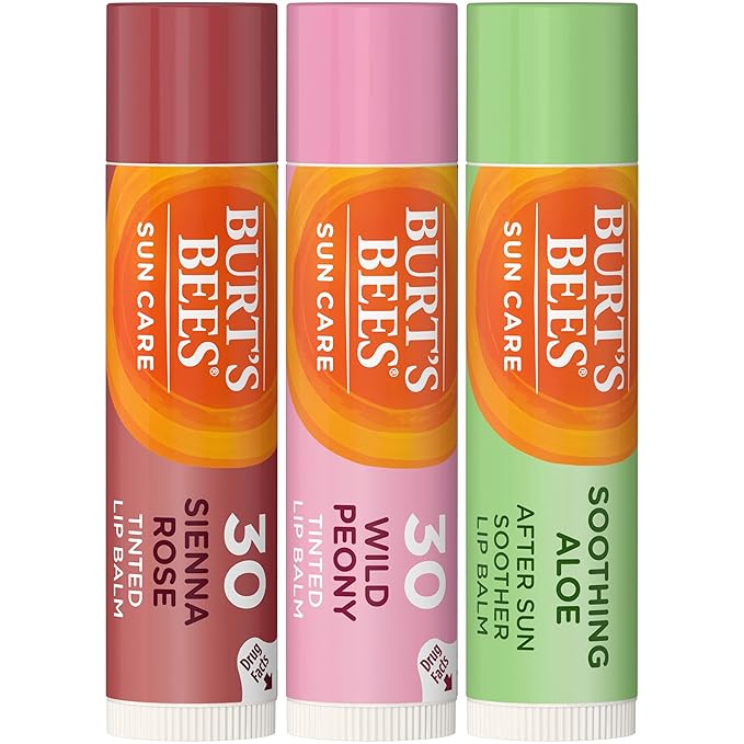 Burt's Bees Sun Care Lip Balm Pack, SPF 30 Tinted Lip Balm, After Sun Lip Balm, Water-Resistant Lip Moisturizer, Wild Peony, Sienna Rose, Natural Origin Lip Care, 3 Tubes, 0.15 oz.-Velvo Beauty