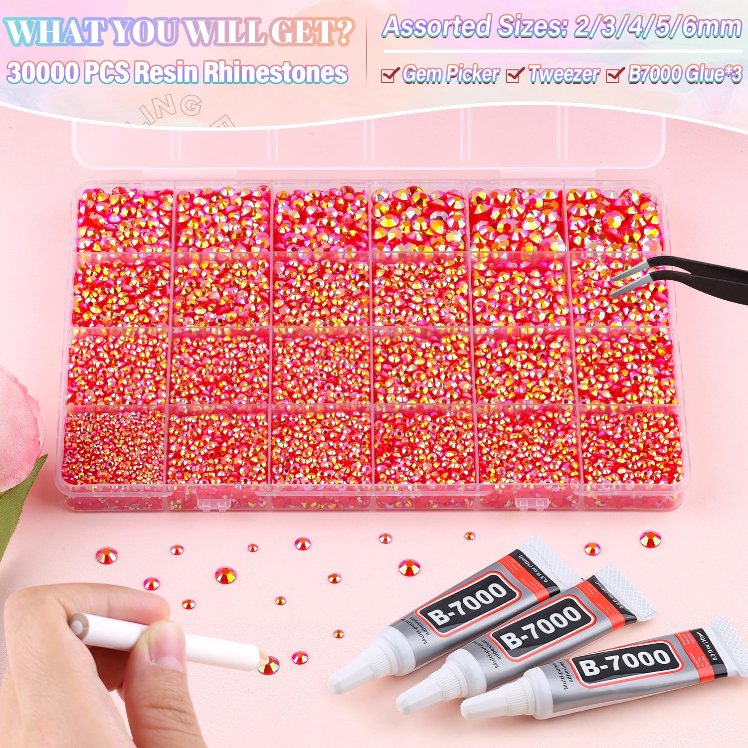 30000Pcs Resin Red AB Rhinestones for Bedazzling Crafting with b7000 Jewelry Glue, Bulk Flatback Gems Bedazzler Kit for Crafts Clothes Shoes Fabric Nail Diamond Art, Assorted Size 2/3/4/5/6mm-Velvo Beauty