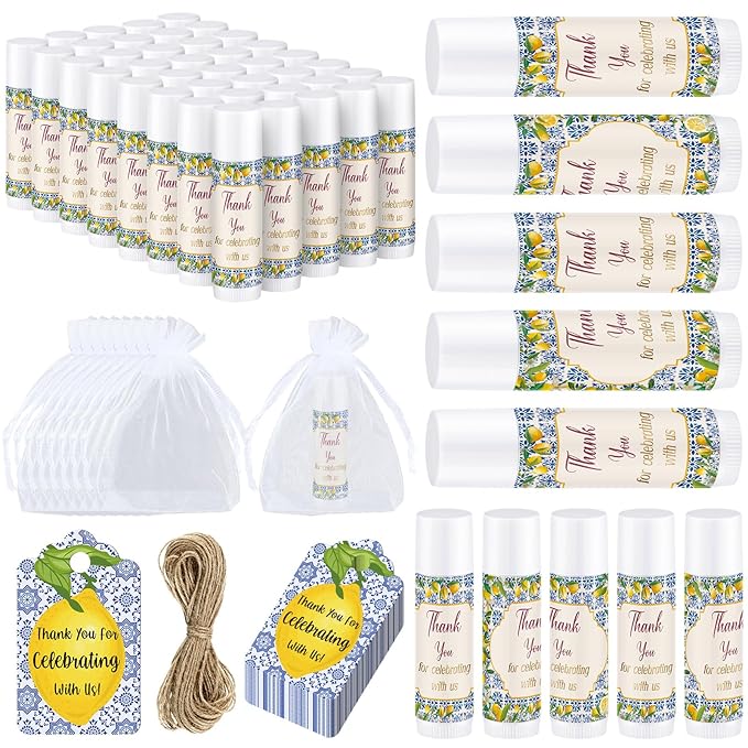 Demissle 50 Pcs Baby Shower Lip Balm Gift Set with 100 Pcs Organza Bags Baby Shower Party Favor for Guest Thank You Tag Rope Baby Shower Party Decoration Gender Reveal Souvenirs (Lemon)-Velvo Beauty