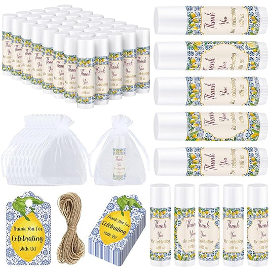 Demissle 50 Pcs Baby Shower Lip Balm Gift Set with 100 Pcs Organza Bags Baby Shower Party Favor for Guest Thank You Tag Rope Baby Shower Party Decoration Gender Reveal Souvenirs (Lemon)-Velvo Beauty
