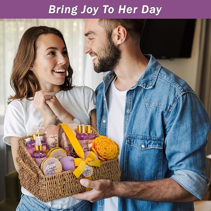 Bath Spa Gift Sets - Luxury Basket With Honey & Lavender - Spa Kit Includes Wash, Bubble Bath, Lotion, Bath Salts, Body Scrub, Body Spray, Shower Puff, Bathbombs, Soap and Towel-Velvo Beauty