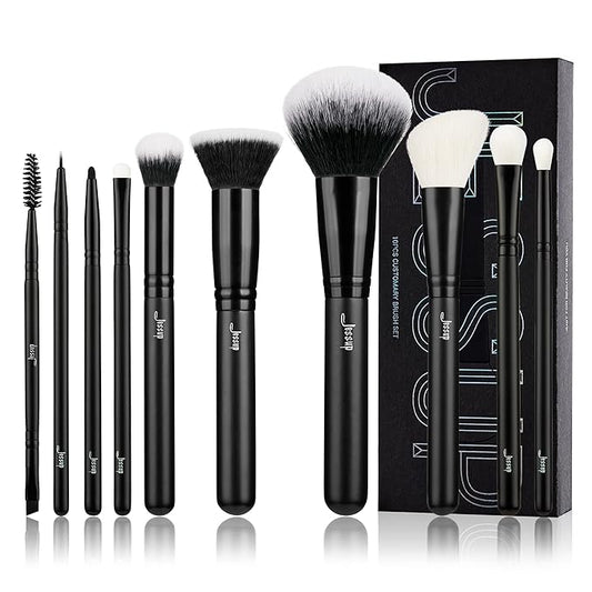 Jessup Makeup Brush Set 10pcs Black Make up Brushes Set Professional with Natural Synthetic Hair for Foundation Blending Blush Concealer Eyeshadow Eyebrow Eyeliner, T323-Velvo Beauty