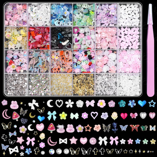 3D Nail Charms and Gems Mix Styles Butterfly Flower Bow Heart Colorful Assorted Nail Art Charm for Acrylic Nails Design, Pearls Nails Charms with Rhinestones Tiny Beads with Tweezers-Velvo Beauty