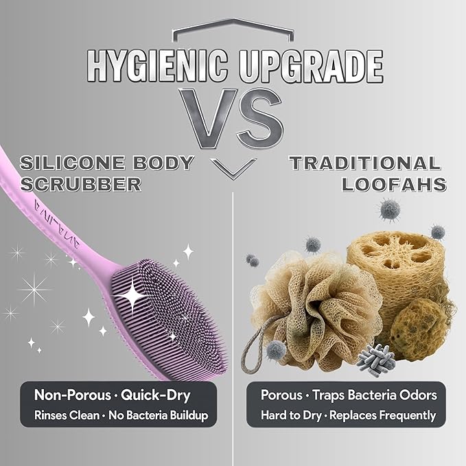 Avilana Silicone Body Scrubber – Gentle Shower Brush & Loofah Alternative- Food Grade & Lab Tested – Fast-Drying, Hygienic, BPA-Free Silicone Body Gentle Exfoliator (Pink, Long Handle)-Velvo Beauty