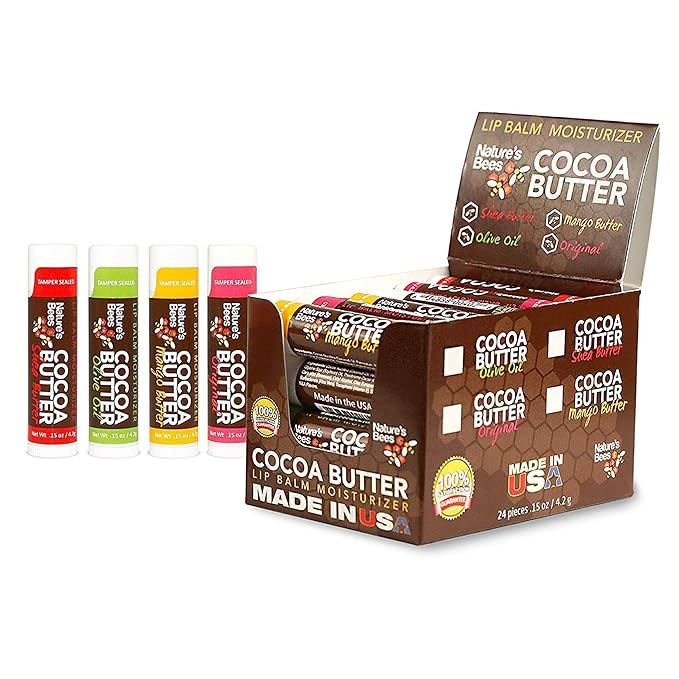 Nature's Bees - Cocoa Butter Lip Balm Moisturizer - Original 24 Pack, 4 Flavors - Original, Shea Butter, Mango Butter, Olive Oil - Made w/Coconut Oil, Beeswax, Vitamin E, Aloe - 0.15oz (4.2g)-Velvo Beauty