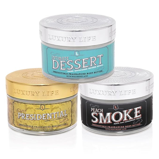 LUXURY LIFE BUTTER - Irresistibly Scented Body Butter with Hyaluronic Acid for Ultimate Moisture. Hydrates for a Non-Greasy Glamorous Glow (Dessert, Presidential and Peach Smoke)-Velvo Beauty