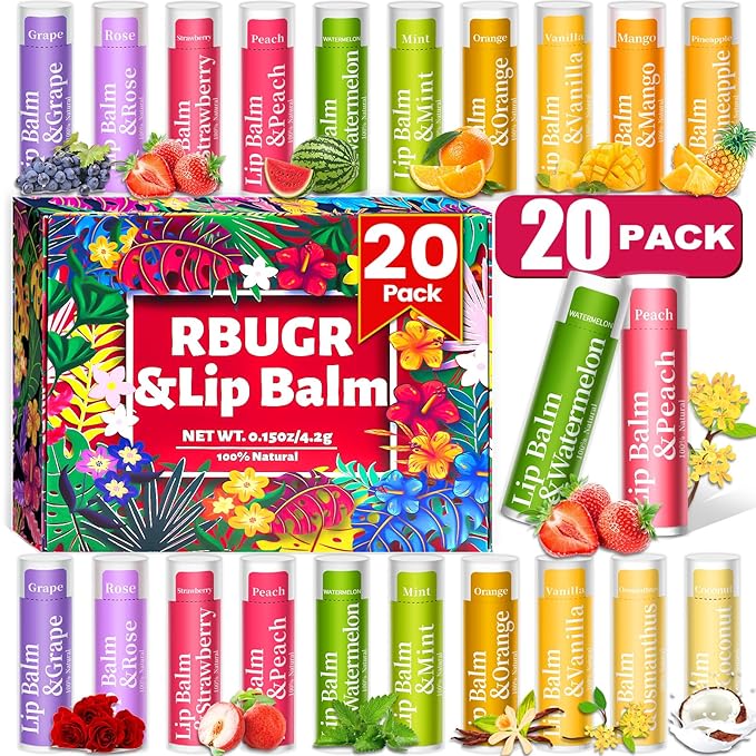 20 Pack Lip Balm, 12 Flavored Natural Lip Balm Bulk Set, Moisturizing Bulk Mini Balm Pack for Dry Cracked Lips,Hydrating for Gifts Party Favors(4.2g/0.15oz)-Velvo Beauty
