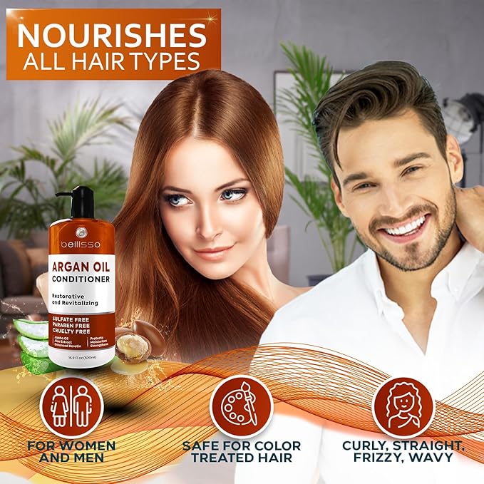 Argan Oil Conditioner - Sulfate Free with No Parabens - Moroccan Botanicals for Women and Men - Professional Moisturizing, Anti Frizz, Hydrating Solution for Dry, Wavy, Curly and Color Treated Hair-Velvo Beauty