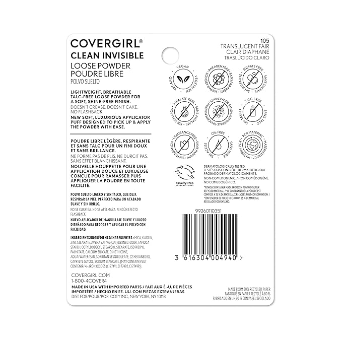 COVERGIRL Clean Invisible Loose Powder - Loose Powder, Setting Powder, Vegan Formula - Translucent Fair, 20g (0.7 oz) (Pack of 2)-Velvo Beauty