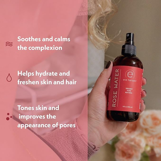 Eve Hansen Organic Rose Water Spray for Face | Huge 8 oz Moroccan Rosewater Face Toner and Makeup Setting Spray | Soothing Neck and Face Mist to Reduce Eye Puffiness, Dark Circles and Redness-Velvo Beauty