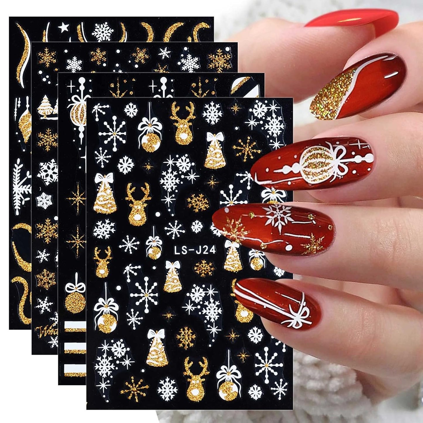 8 Sheets Glitter Christmas Nail Art Stickers Decals Self-Adhesive Holiday Gold Snowman Snowflake Winter Nail Supplies Nail Art Design Decoration Accessories-Velvo Beauty