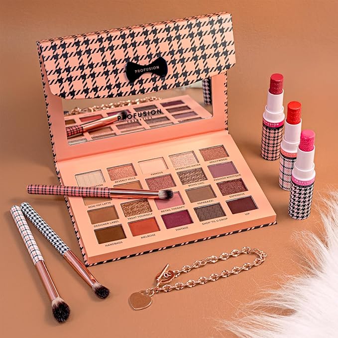 Profusion Cosmetics Beverly Hills PR Box, Includes Beauty Clutch 20 Shade Palette with Mirror, 3 Pc Eyeshadow Brush Set, and Lip Balm Trio to Enhance Your Beauty Routine-Velvo Beauty