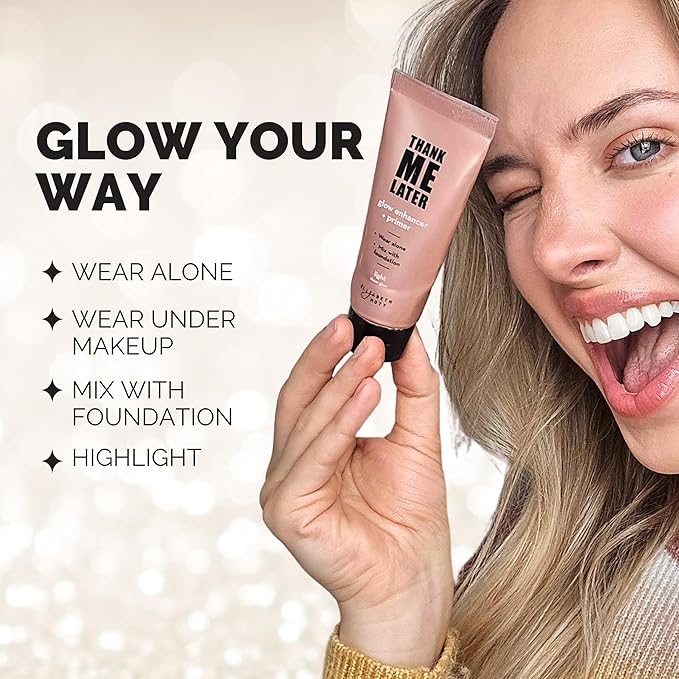 Elizabeth Mott Thank Me Later Glow Enhancer & Primer - Illuminating Makeup Base & Highlighter for Radiant Skin - Lightweight, Long-Lasting, Vegan & Cruelty-Free, Sheer Light Glow Shade, 30g-Velvo Beauty
