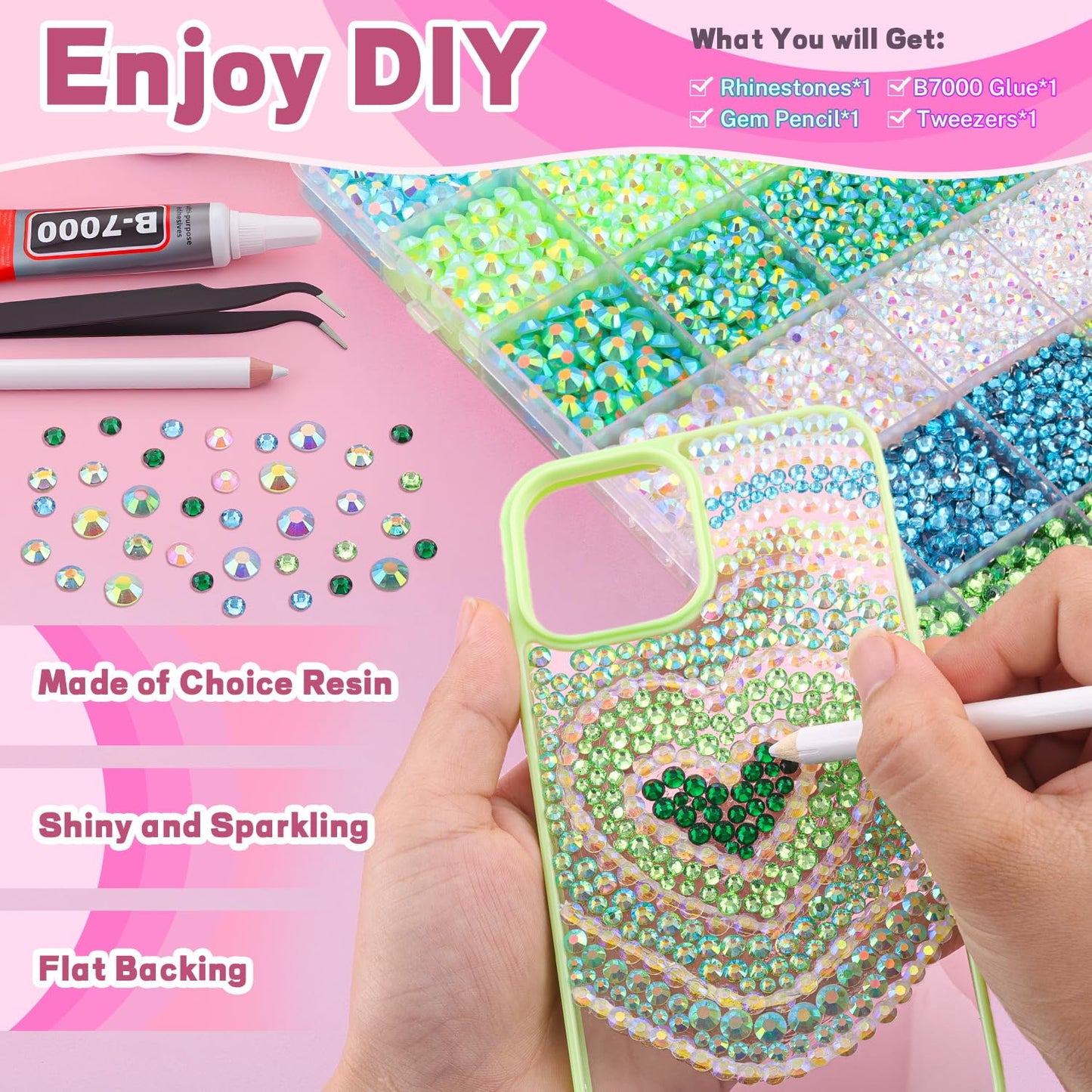 20000Pcs Green Rhinestones for Bedazzling with 1Pcs B7000 Jewelry Glue, Resin Rhinestones for Crafting Crafts DIY, Bedazzler Kit Gems for Clothing Shoes Tumblers Nail Art Assorted Size 3/4/5/6mm-Velvo Beauty