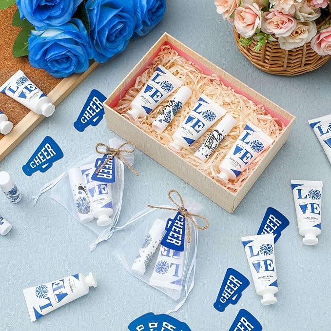 144 Pcs Blue Cheer Favors Natural Bulk Lip Balm and Hand Cream Set, Include 36 Lip Balm 36 Moisturizing Hand Cream 36 Bags 36 Card and Rope cheer accessories for Team Sports Party Supplies-Velvo Beauty