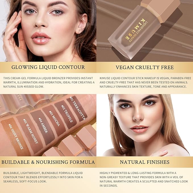 KIMUSE Soft Liquid Contour Stick, Glow Liquid Cream Bronzer, Weightless, Long-Wearing, Smudge Proof, Natural-Looking, Blendable, Bronzer Makeup-Velvo Beauty