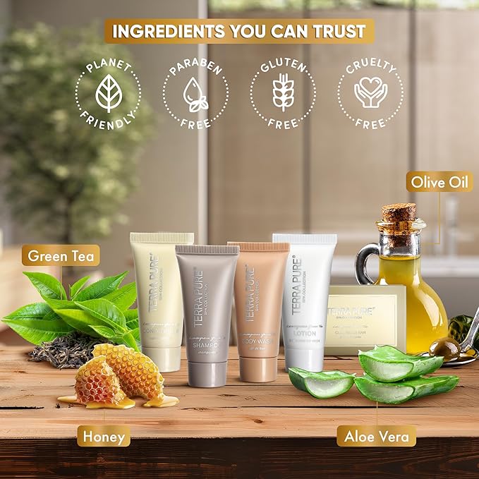 Terra Pure Spa Collection Bulk Set Toiletries | 1-Shoppe All-In-Kit Amenities for Hotels & Airbnb | 0.85 oz Hotel Shampoo & Conditioner, Body Wash, Lotion & Cleansing Bar Travel Size Tubes| 150 Pieces-Velvo Beauty