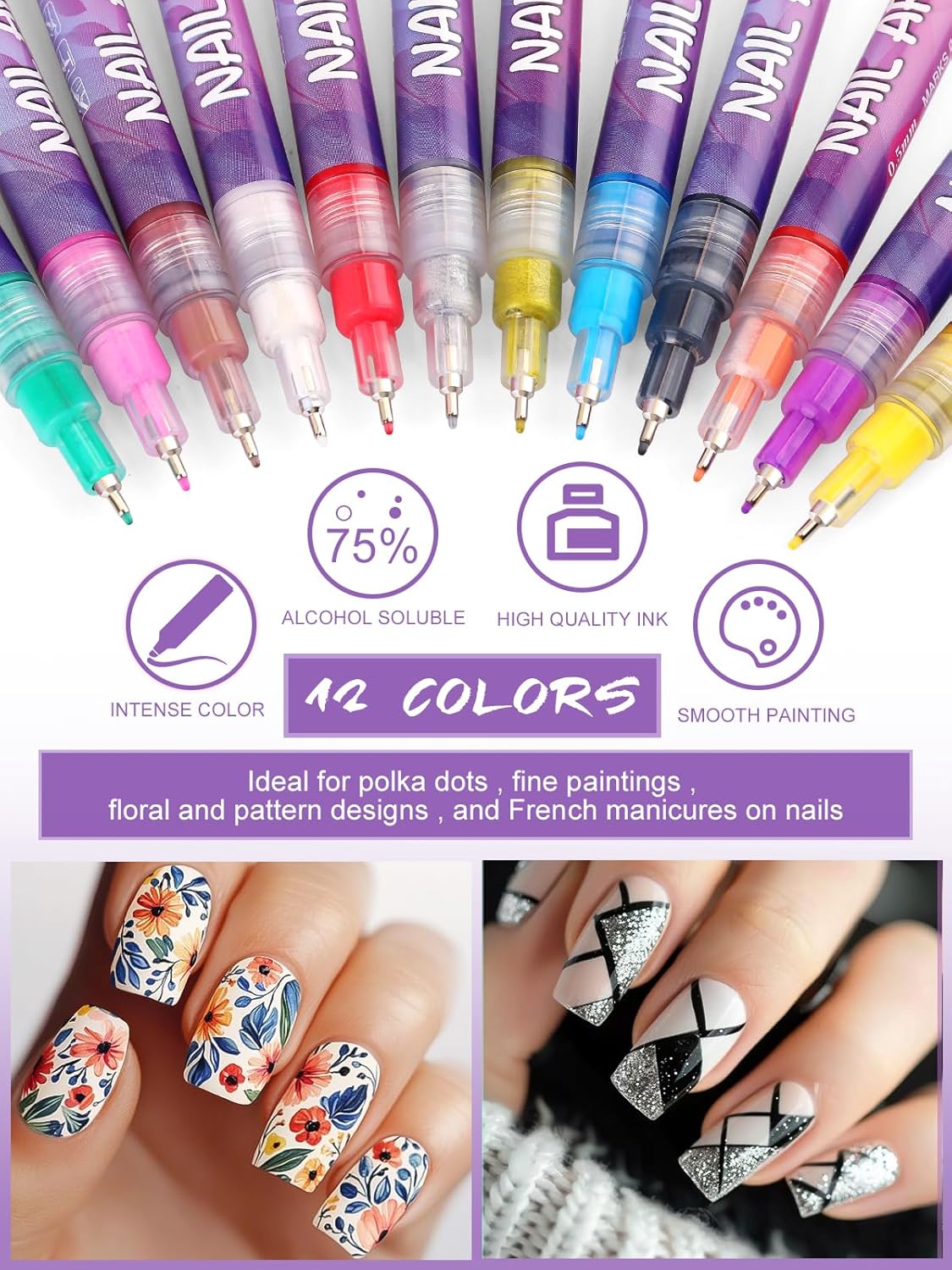 12 Color Acrylic paint pen Set, Kalolary Nail Polish Pens Nail Point Graffiti Dotting Pen Drawing Painting Liner Brush for DIY Nail Art Beauty Adorn Manicure Tools-Velvo Beauty