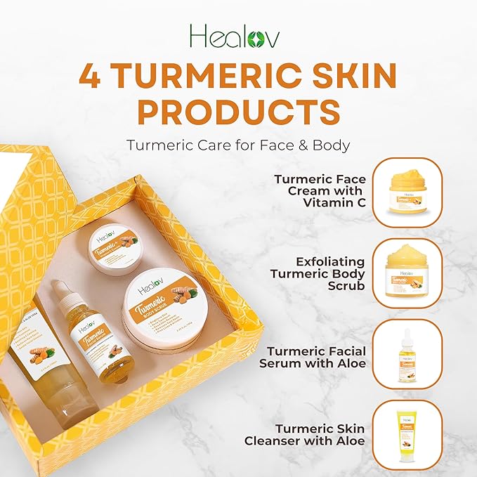 Turmeric Skincare Set - Turmeric Skin Care Products Brightening & Acne - Turmeric Skin Care Kit, Turmeric Skin Care Set - Turmeric Cleanser, Body Scrub, Face Cream & Facial Serum-Velvo Beauty