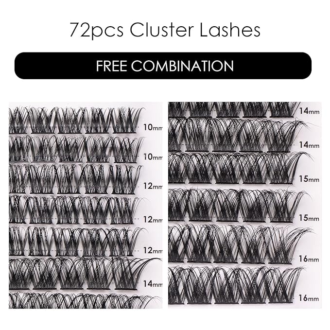 Cluster Lashes 72 Individual Lashes Clusters Eyelash Extensions False Eyelashes DIY Lash Extension Kit Reusable False Eyelashes Natural Look Mix 10-16mm C D Curl-DM01-Velvo Beauty