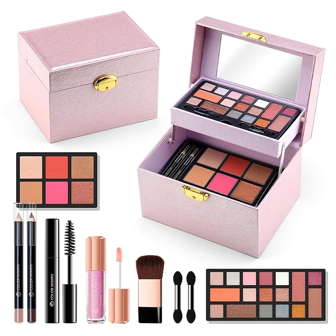 Color Nymph Beginner Makeup Kit For Teens, Girls Makeup kits With Recyclable And Key-Lockable Cabinet Included 17-Colors Eyeshadows Blushes Bronzer Highlighter Lipstick Brushes Mirror(Pink)-Velvo Beauty