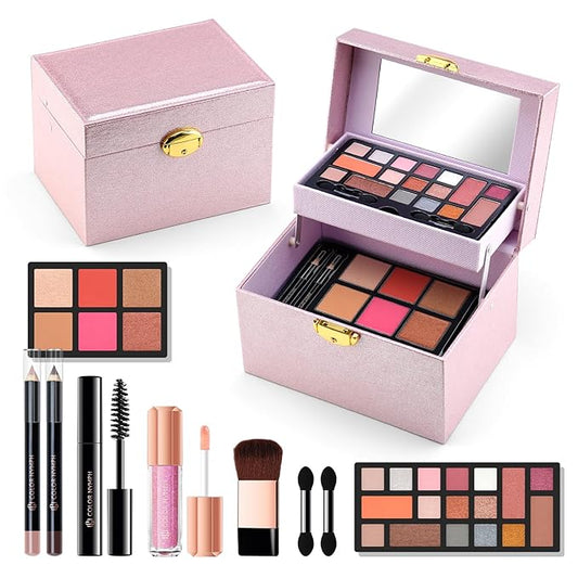 Color Nymph Beginner Makeup Kit For Teens, Girls Makeup kits With Recyclable And Key-Lockable Cabinet Included 17-Colors Eyeshadows Blushes Bronzer Highlighter Lipstick Brushes Mirror(Pink)-Velvo Beauty