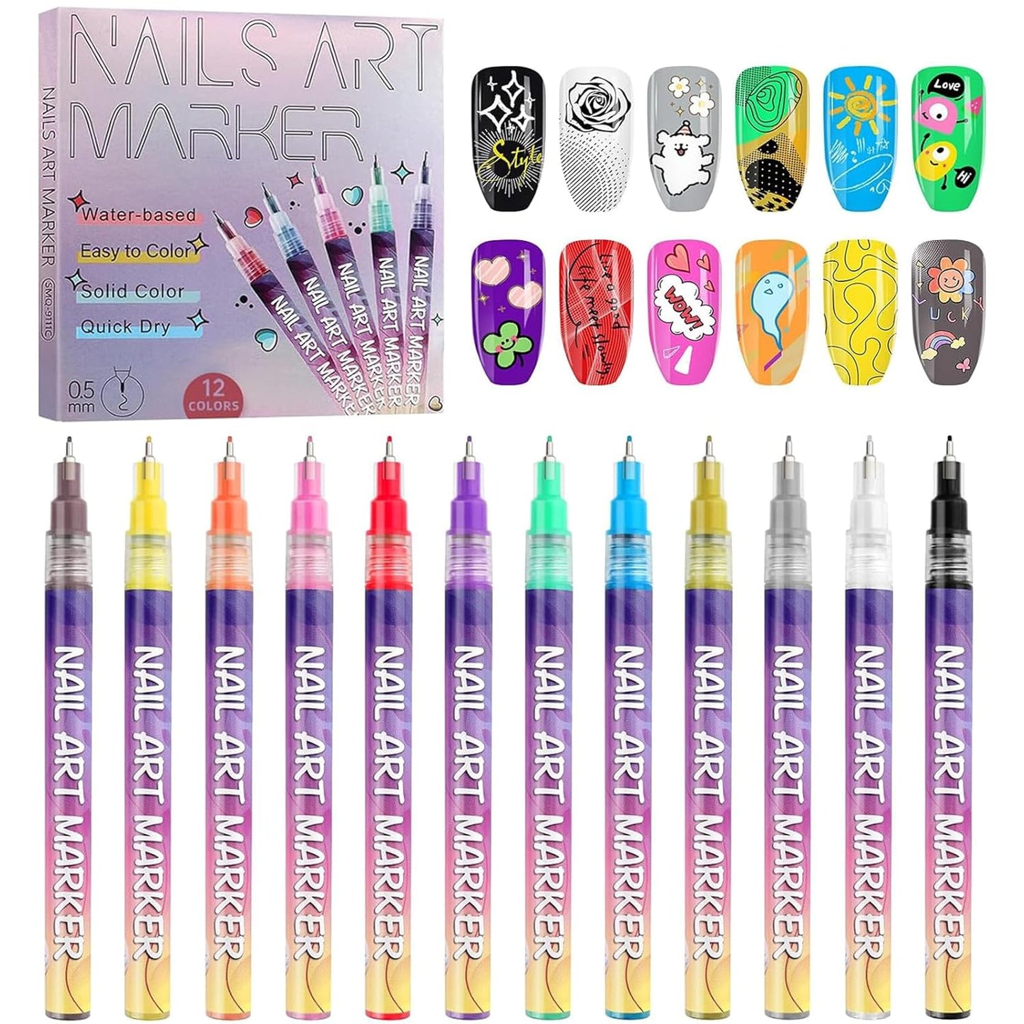 Kalolary 12 Color Nail Art Pens Set, Nail Art Markers Polish Pens Nail Point Graffiti Dotting Pen Drawing Painting Liner Brush for DIY Nail Art Beauty Adorn Manicure Tools-Velvo Beauty