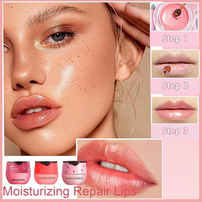 3PCS Bee Lip Balm Honey Pot, Exfoliating Strawberry Cherry Watermelon Bee Lip Balm Sleeping Lip Mask Overnight with Sticks, Honey Pot Lip Balm Prevention Dry Hydrating and Crack Lip Scrubs-Velvo Beauty