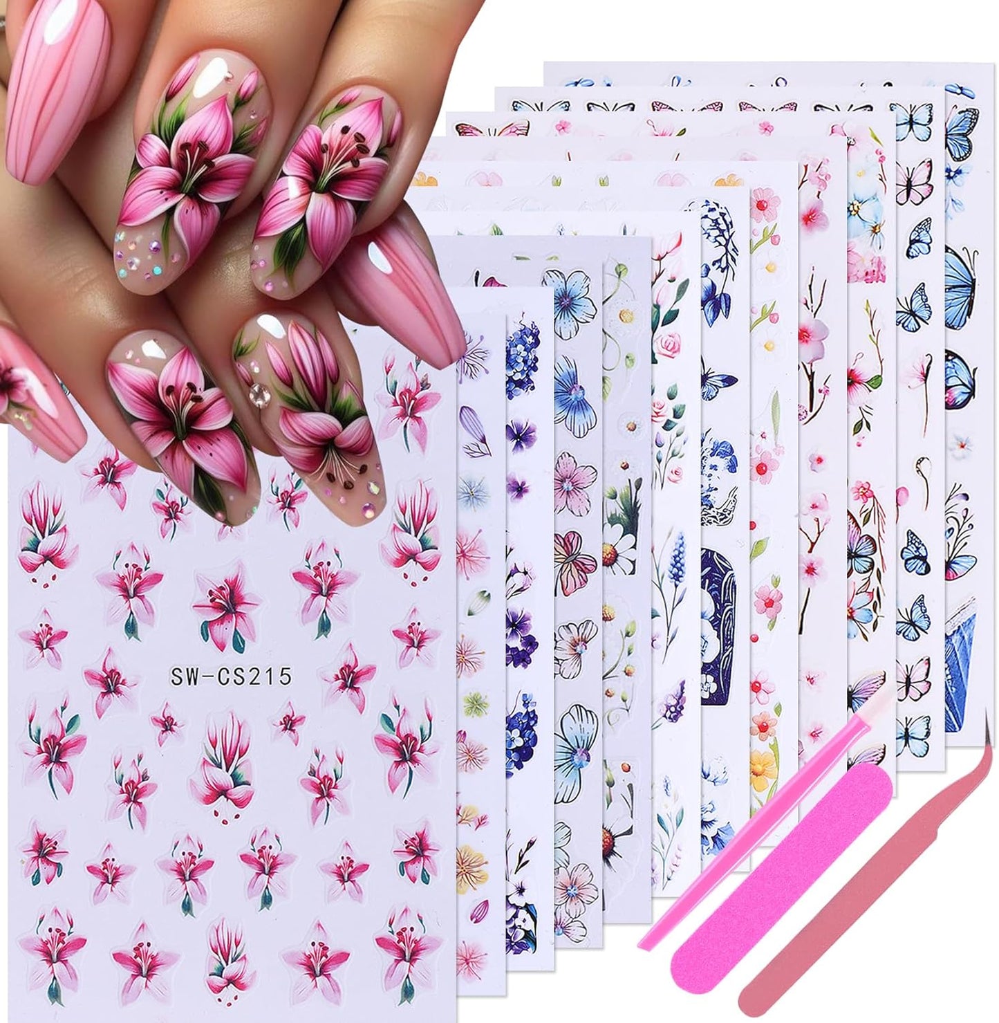 Flower Stickers for Nail Art Decals - 12 Sheets Spring Butterfly Nail Stickers with Tweezers 3D Floral Leaves Plant Nail Art Designs DIY Self Adhesive Daisy Blossom Nail Supplies Decorations-Velvo Beauty