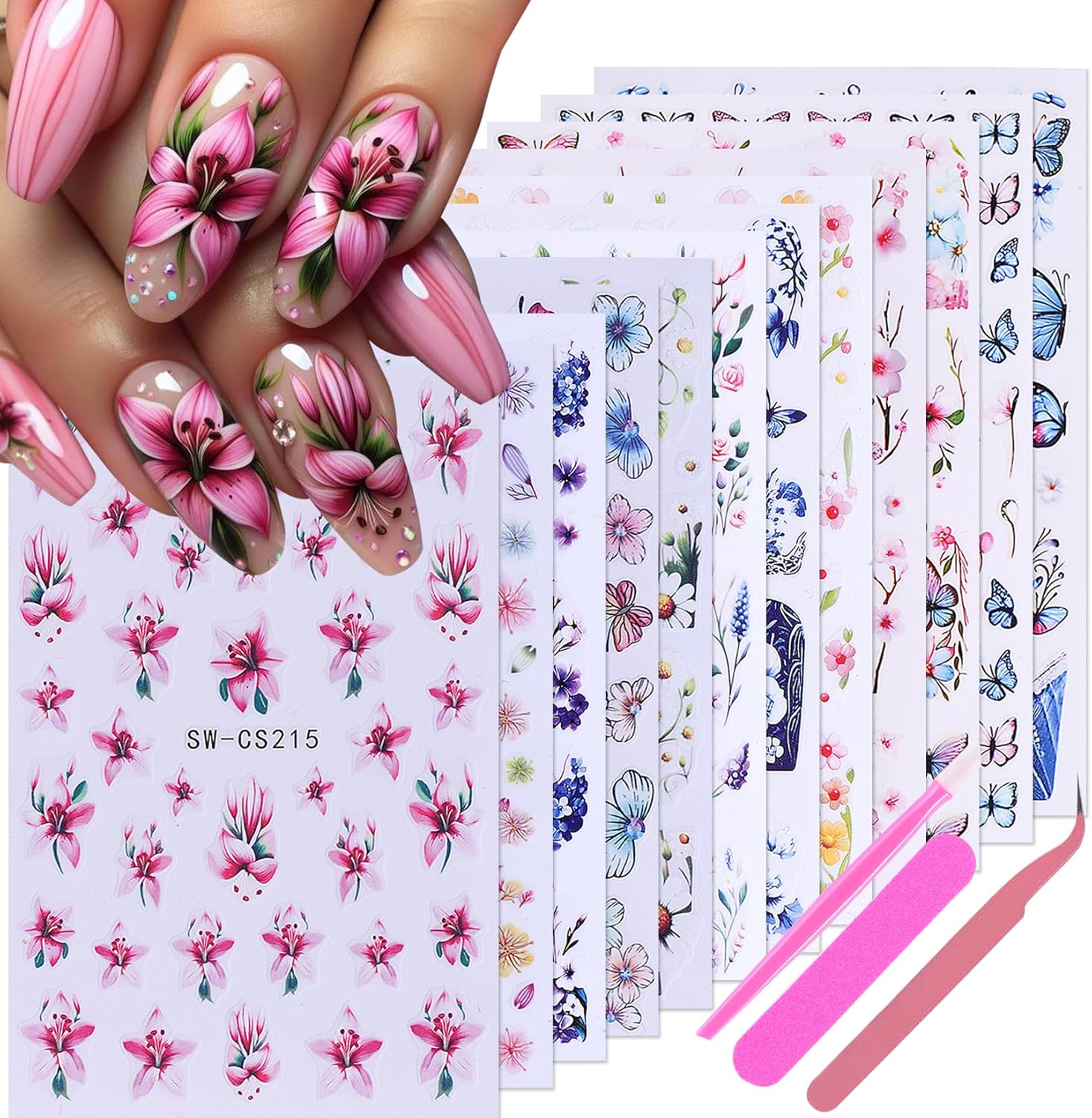 Flower Stickers for Nail Art Decals - 12 Sheets Spring Butterfly Nail Stickers with Tweezers 3D Floral Leaves Plant Nail Art Designs DIY Self Adhesive Daisy Blossom Nail Supplies Decorations-Velvo Beauty