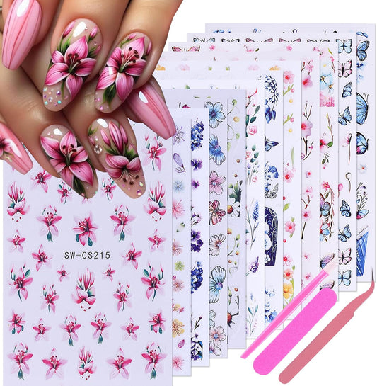 Flower Stickers for Nail Art Decals - 12 Sheets Spring Butterfly Nail Stickers with Tweezers 3D Floral Leaves Plant Nail Art Designs DIY Self Adhesive Daisy Blossom Nail Supplies Decorations-Velvo Beauty