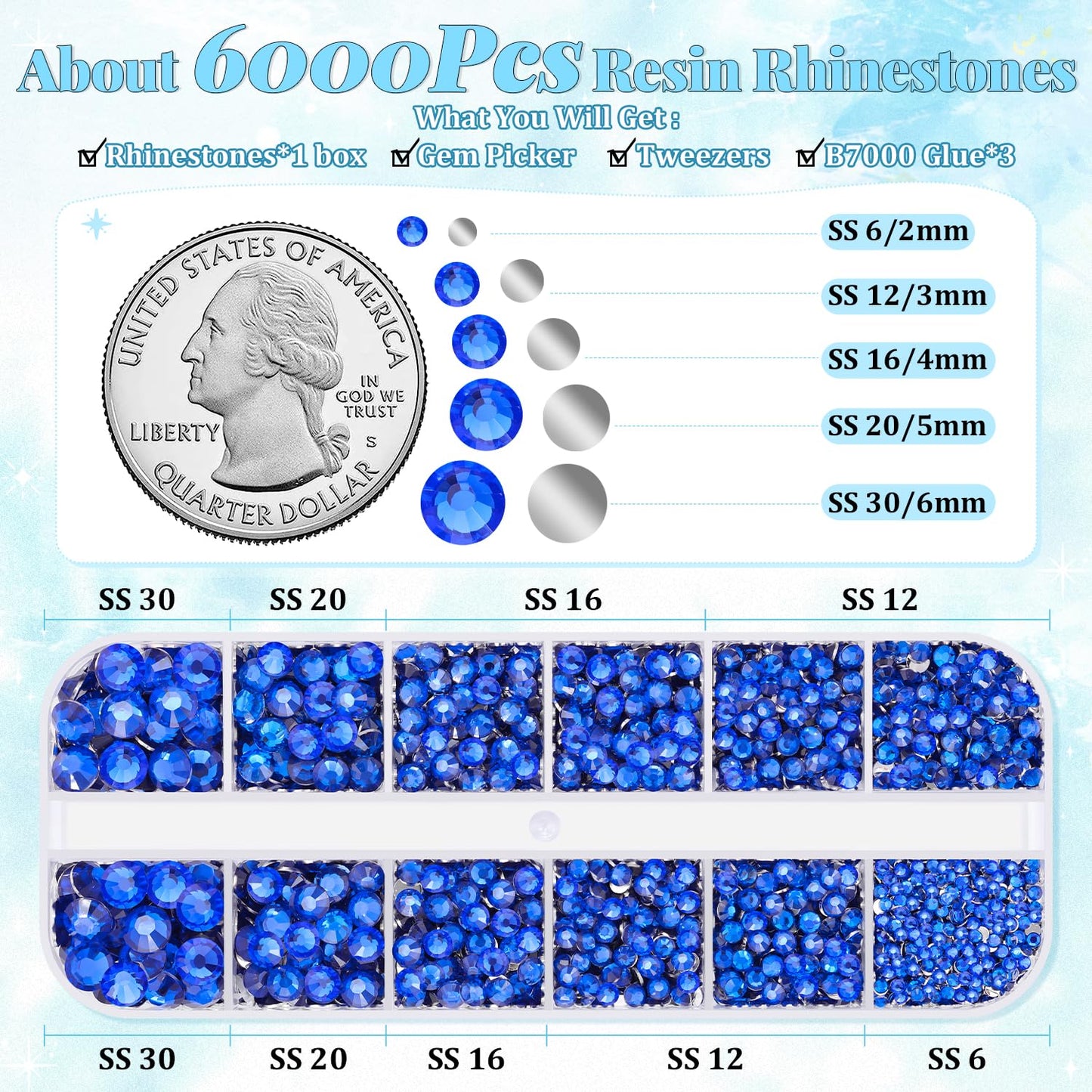 6000Pcs Resin Rhinestones for Bedazzling with 3Pcs B7000 Jewelry Glue, 1 Box Royal Blue Flatback Rhinestones for Crafting Crafts DIY, Crystals Gems for Clothing Shoes Tumblers Nail Art Makeup-Velvo Beauty