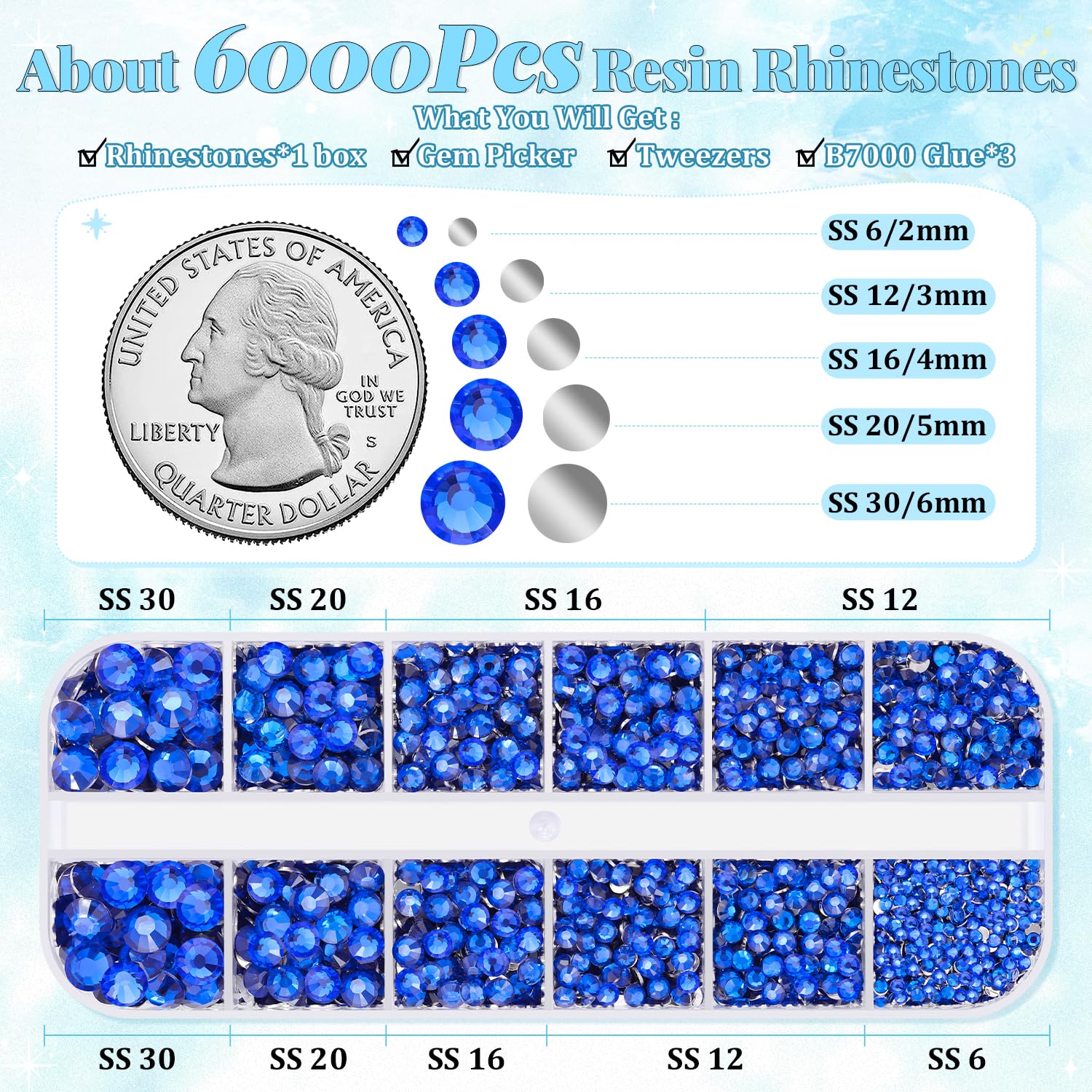 6000Pcs Resin Rhinestones for Bedazzling with 3Pcs B7000 Jewelry Glue, 1 Box Royal Blue Flatback Rhinestones for Crafting Crafts DIY, Crystals Gems for Clothing Shoes Tumblers Nail Art Makeup-Velvo Beauty