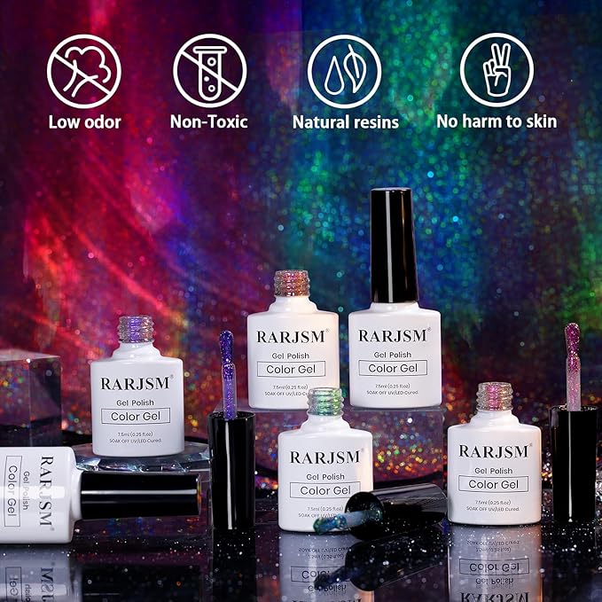 RARJSM 9D Chameleon Glass Cat Eye Gel Nail Polish Set 6Pcs Pink Purple Blue Green Yellow Multi Color Cateye Galaxy Shimmer Gradient Effect with Magnetic Stick UV LED Curing Require Home Salon-Velvo Beauty