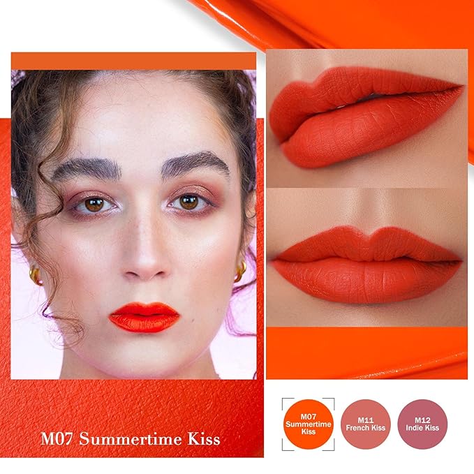 Oulac Pink Matte Lipstick Set for Women，Purple, Orange Lip Stain Long Lasting Waterproof, No Transfer, Creamy High Pigmented Formula with Rose Oil, Vegan & Cruelty-Free (M06+M07+M14)-Velvo Beauty
