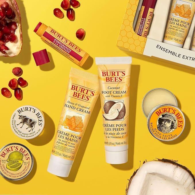 Burt's Bees Back to School Gifts Ideas, 6 Body Care College Dorm Products, Tips and Toes Set - Pomegranate Moisturizing Lip Balm, 2 Hand Creams, Foot Cream, Cuticle Cream & Hand Salve-Velvo Beauty