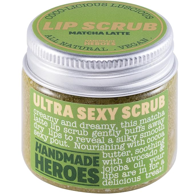 Handmade Heroes Matcha Latte Lip Scrub 1oz | 100% Natural Vegan Skin Care | Deep Conditioning Lip Scrub for Dry Lips with Jojoba Oil Avocado Oil | Natural Lightening Lip Exfoliator & Lip Plumper-Velvo Beauty