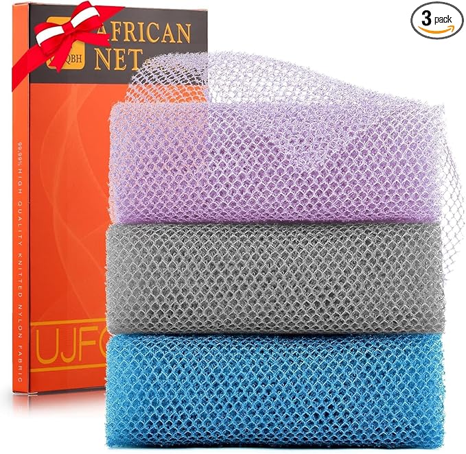 UJFQBH 3 Pieces African exfoliating net African Net Long Net Bath Sponge Exfoliating Shower Body Scrubber Back Scrubber Skin Smoother,Great for Daily Use (Purple Gray Blue)-Velvo Beauty