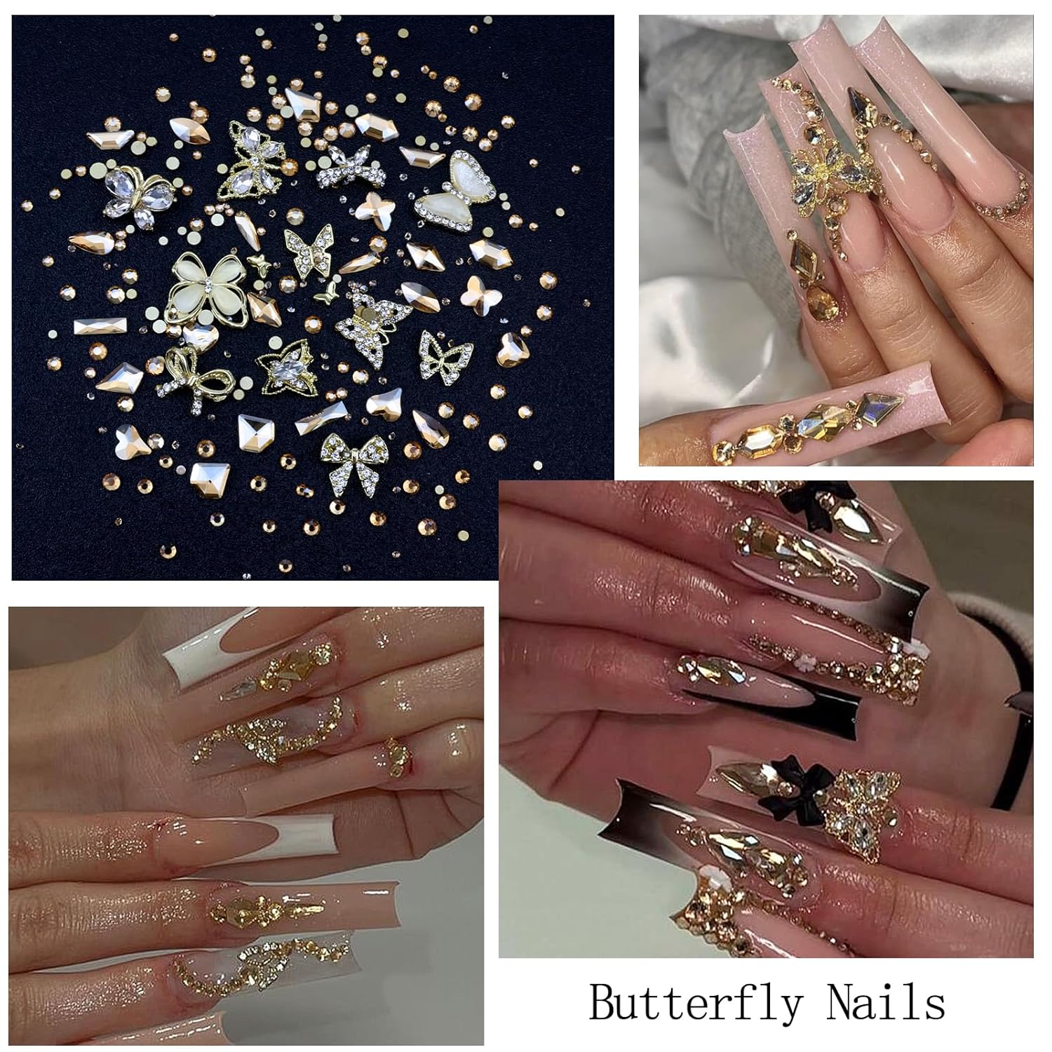 Nail Art Charms Rhinestones with Glue Gel Champagne Nail Rhinestones Supplies Accessories Gold Butterfly Multi Shape Crystal AB Rhinestone Nails Gems Jewelry for Women Nails Design-Velvo Beauty