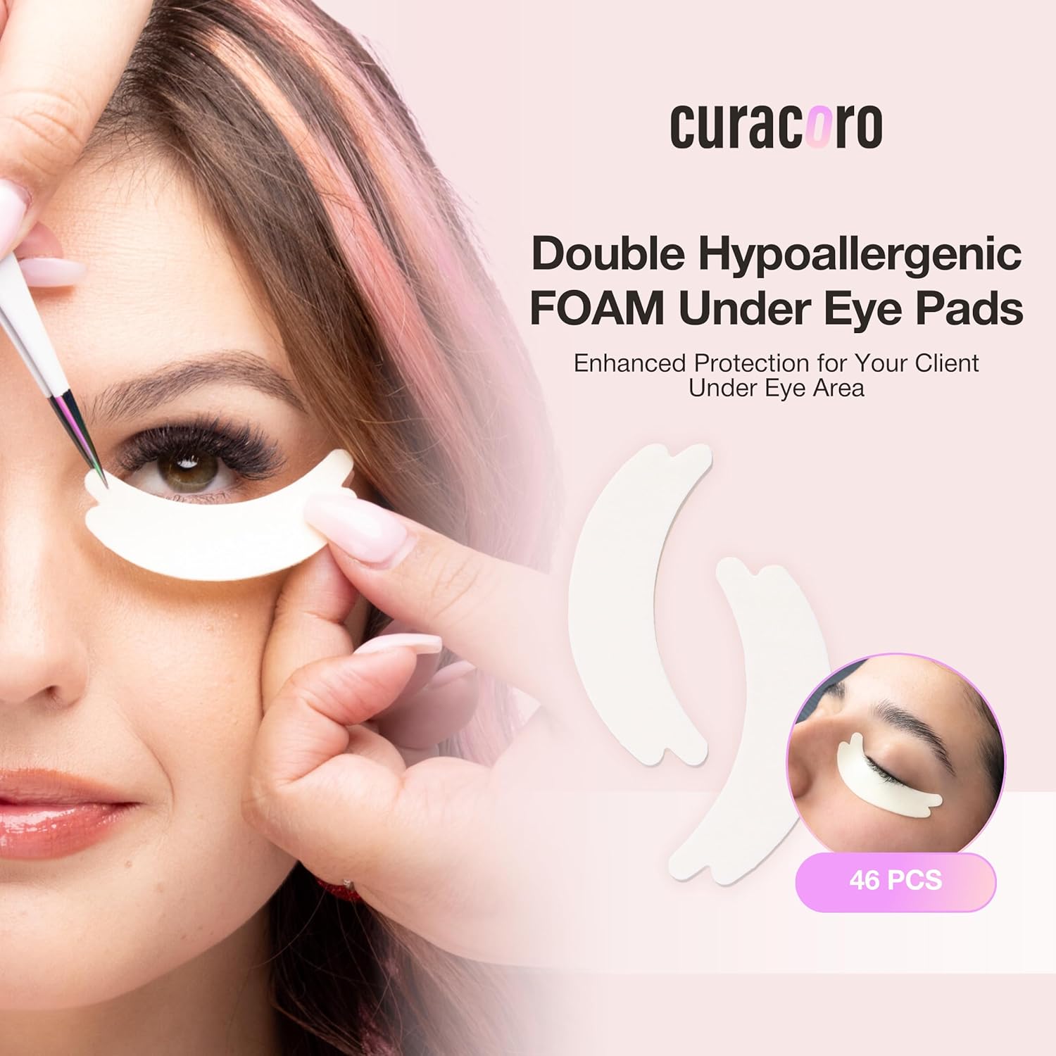 Curacoro Double Foam Eye Pads For Lash Extension, Hypoallergenic Eye Pads Lash Extension Supplies for Oily Skin & Sensitive Eyes, Soft Sticky Pads for Lash Perm Lamination, Lash Remover (46 Pads)-Velvo Beauty